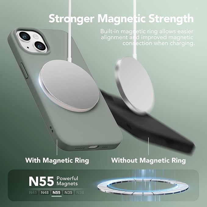 GONEZ Magnetic for iPhone 14 Case, Compatible with Magsafe, with Screen Protector + Camera Protector, Anti-Scratch Microfiber Lining, Liquid Silicone Shockproof Protective Phone Case, Calke Green