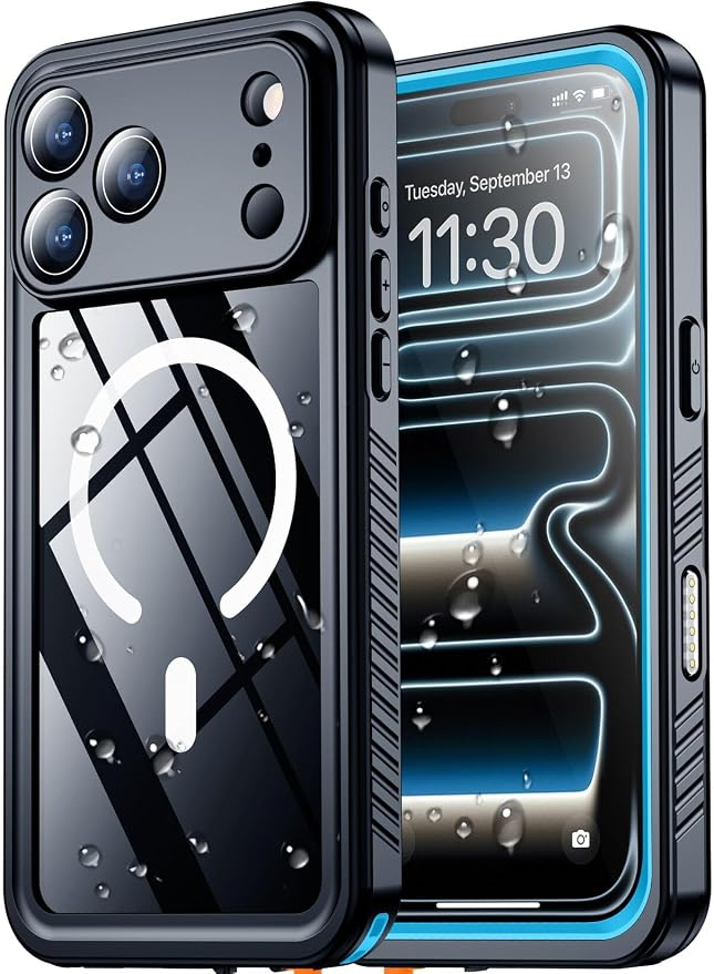 SPIDERCASE Magnetic for iPhone 17 Pro Max Case Waterproof, Built-in Screen & Camera Lens Protector[IP68 Underwater] [Military Grade Shockproof] Full Body Protection Phone Case, Blue/Clear
