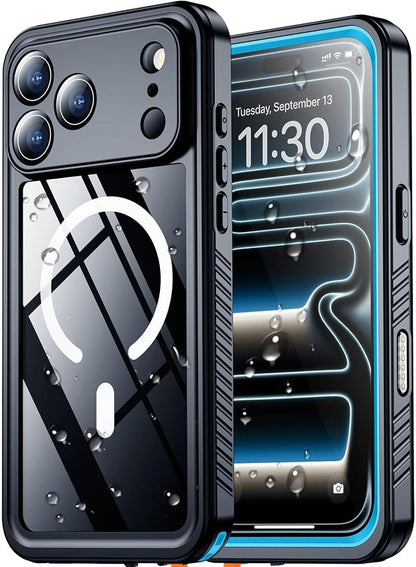 SPIDERCASE Magnetic for iPhone 17 Pro Max Case Waterproof, Built-in Screen & Camera Lens Protector[IP68 Underwater] [Military Grade Shockproof] Full Body Protection Phone Case, Blue/Clear