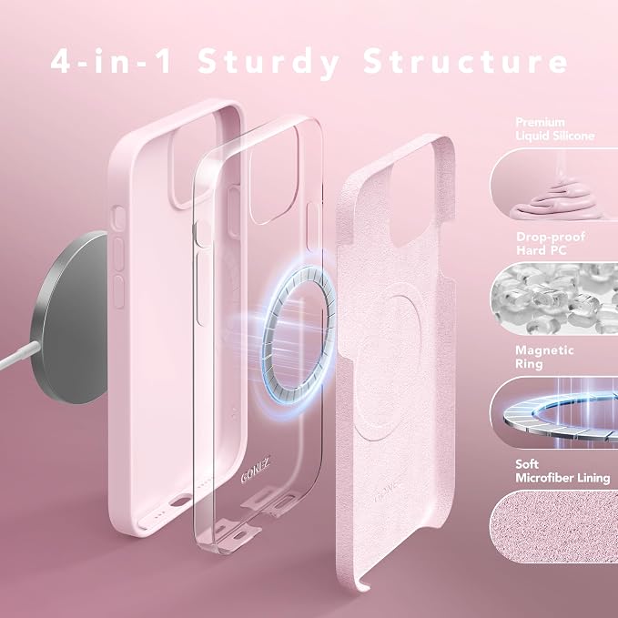 GONEZ Magnetic for iPhone 12 Case / 12 Pro Case, Compatible with MagSafe, [Screen Protector + Camera Lens Protector], Silicone Shockproof Anti-Scratch Protective Phone Case 6.1 inch, Chalk Pink