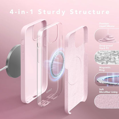 GONEZ Magnetic for iPhone 12 Case / 12 Pro Case, Compatible with MagSafe, [Screen Protector + Camera Lens Protector], Silicone Shockproof Anti-Scratch Protective Phone Case 6.1 inch, Chalk Pink