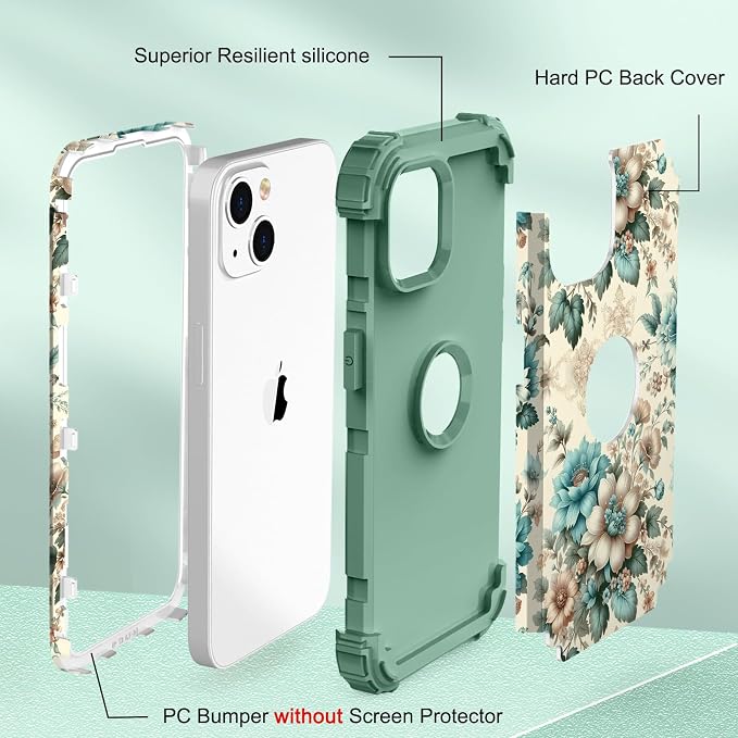 Hocase for iPhone 15 Case, Heavy Duty Shockproof Protection Soft Silicone Rubber Bumper+Hard Plastic Hybrid Protective Case for iPhone 15 (6.1" Display) 2023 - Teal Blue Flowers