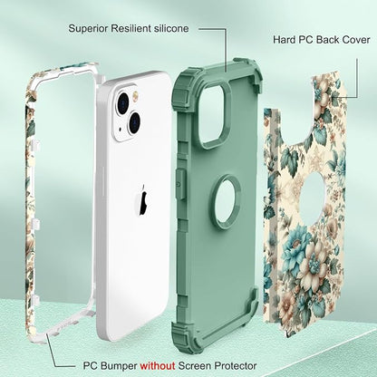 Hocase for iPhone 15 Case, Heavy Duty Shockproof Protection Soft Silicone Rubber Bumper+Hard Plastic Hybrid Protective Case for iPhone 15 (6.1" Display) 2023 - Teal Blue Flowers