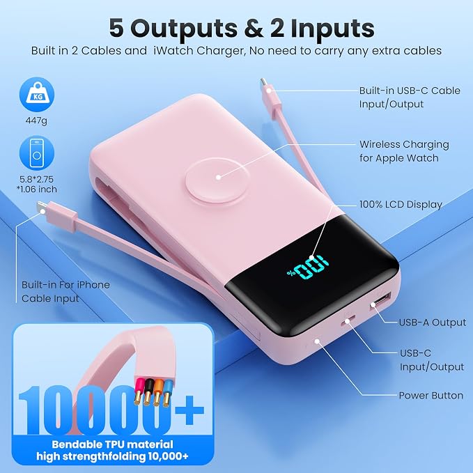Portable Charger Power Bank 40800mAh with Built-in Cables,25W Fast Phone Charging Portable Battery Pack,5 Outputs Travel Essentials Outdoor External Battery for iPhone 17/16,Galaxy Android etc-Pink