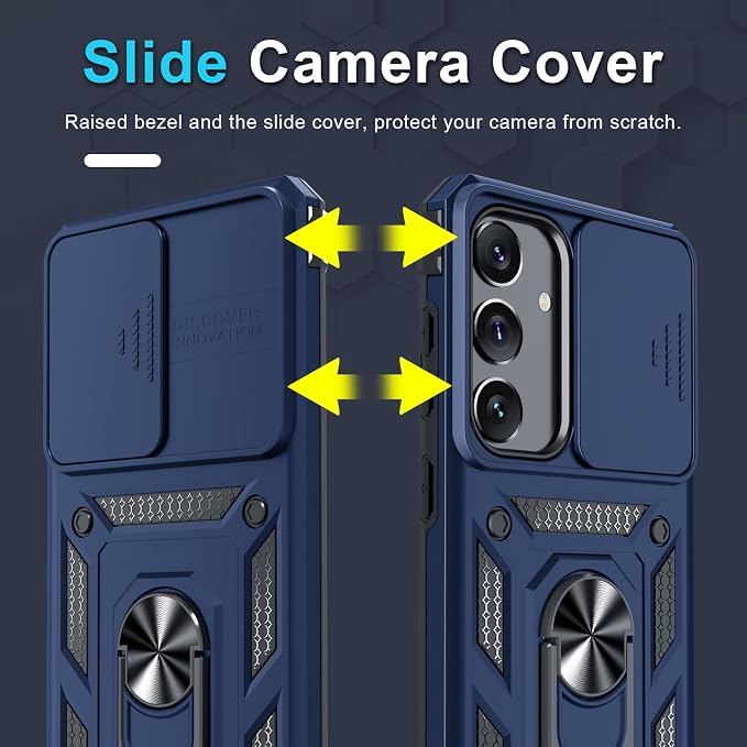 Janmitta Compatible with Samsung Galaxy S25 Plus/S24 Plus Case Built in Slide Camera Lens Cover+Screen Protector+Finger Ring Holder Kickstand,Heavy Duty Shockproof Full Body Phone Cover,Blue