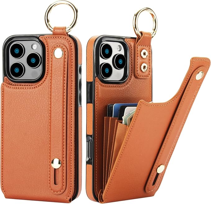 Folosu for iPhone 16 Pro Max Wallet Case with Card Holder, Hand Wrist Strap Loop Holder Kickstand, RFID Blocking Finger Grip Ring PU Leather Double Buttons Shockproof Cover 6.9" Brown