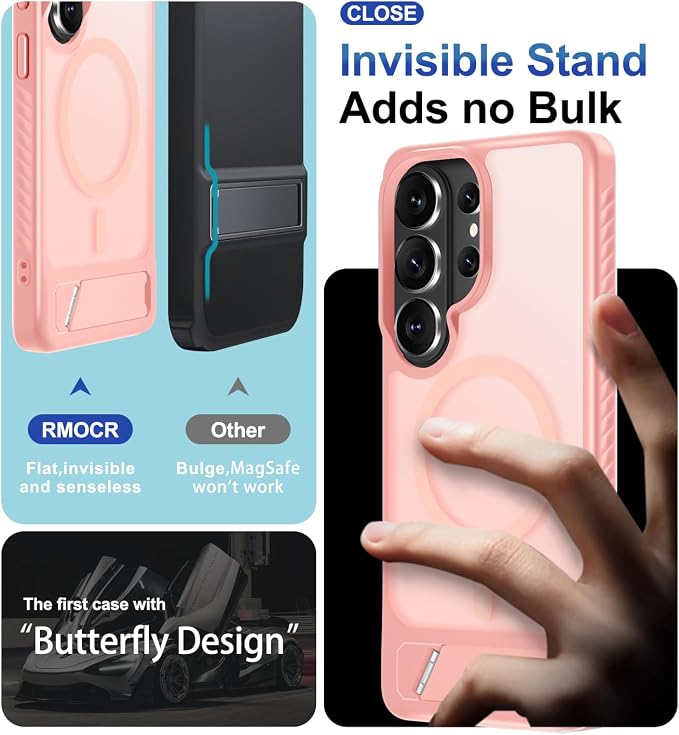 RMOCR for Samsung Galaxy S26 Ultra Case with Screen Protector+Lanyard Wrist Strap,Magnetic Translucent Matte Rugged Slim Phone Cover Built in Invisible Kickstand [Fit for MagSafe],2026 Cute Pink