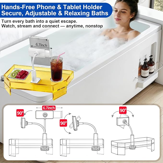 Orange Acrylic Bath Tub Tray Hot Tub Tray with Adjustable Phone & Tablet Holder, Modern Bathtub Tray Table, Spa Bath Caddy, Fits Freestanding Square Tubs