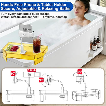 Orange Acrylic Bath Tub Tray Hot Tub Tray with Adjustable Phone & Tablet Holder, Modern Bathtub Tray Table, Spa Bath Caddy, Fits Freestanding Square Tubs