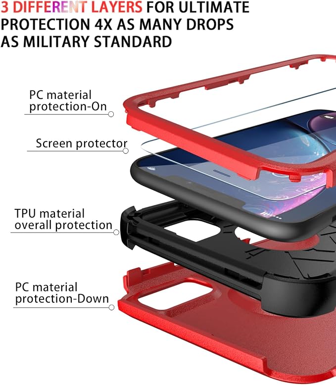 Diverbox Designed for iPhone Xr case with Screen Protector Heavy Duty Shockproof Shock-Resistant Cases for Apple iPhone Xr Phone (Red+Screen Protector)