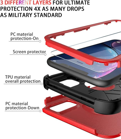 Diverbox Designed for iPhone Xr case with Screen Protector Heavy Duty Shockproof Shock-Resistant Cases for Apple iPhone Xr Phone (Red+Screen Protector)