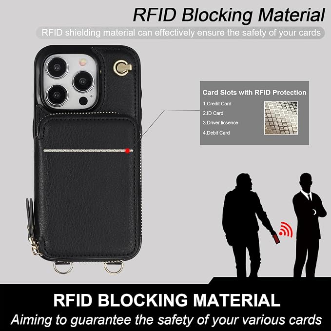 Bocasal Crossbody Wallet Case for iPhone 15 Pro, RFID Blocking Leather Purse Case with Card Holder, Protective Handbag Flip Cover with Zipper Wrist Strap Lanyard for Women 5G 6.1 Inch (Black)