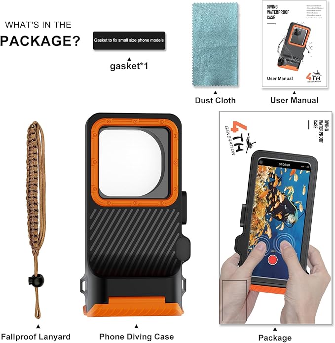 Waterproof Phone Case for Snorkeling & Diving (33ft/10m), IP68 Waterproof Hard Case for Swimming, Universal Underwater Touch Screen Case Compatible with iPhone (Orange, 4th Generation Phone Case)