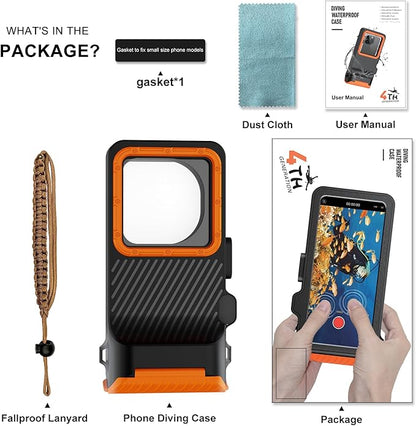 Waterproof Phone Case for Snorkeling & Diving (33ft/10m), IP68 Waterproof Hard Case for Swimming, Universal Underwater Touch Screen Case Compatible with iPhone (Orange, 4th Generation Phone Case)