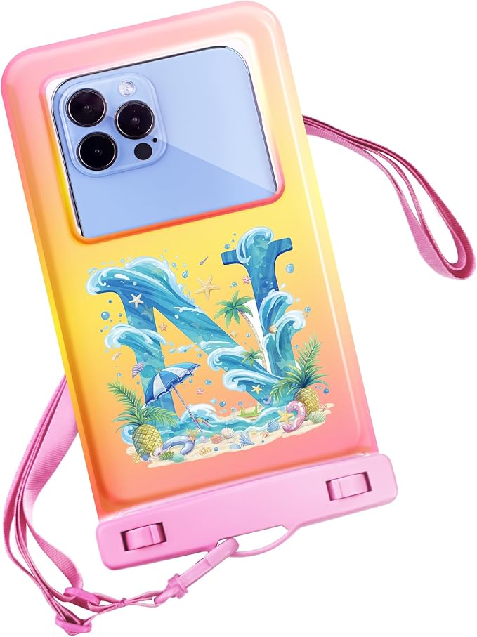 Personalized Initial Waterproof Phone Pouch Case - IPX8 Cellphone Dry Bag with Lanyard for iPhone 16/15/14/13/12 Pro Max (6.1–6.9"), Beach & Cruise Ship Essentials with Monogrammed Design (Pink, N)