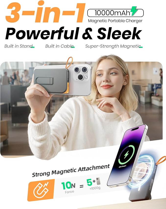 for Magsafe Battery Pack, Magnetic Power Bank with Stand, 10000mAh Wireless Portable Charger Fast Charging with Built in Cable(USB C), Powerbank for iPhone17/16/15/14/13/12 Travel & Daily, Pink
