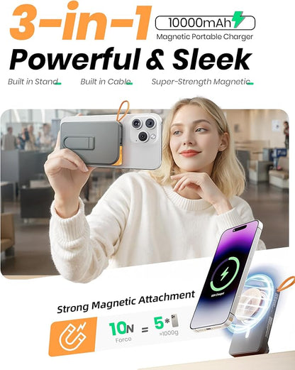 for Magsafe Battery Pack, Magnetic Power Bank with Stand, 10000mAh Wireless Portable Charger Fast Charging with Built in Cable(USB C), Powerbank for iPhone17/16/15/14/13/12 Travel & Daily, Pink