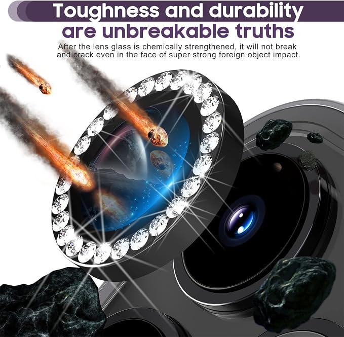 Suoman for iPhone 14 Pro Max / 14 Pro Camera Lens Protector, [Diamonds Bling] 9H Tempered Glass, Full Coverage Metal Protective Cover - Diamond Black