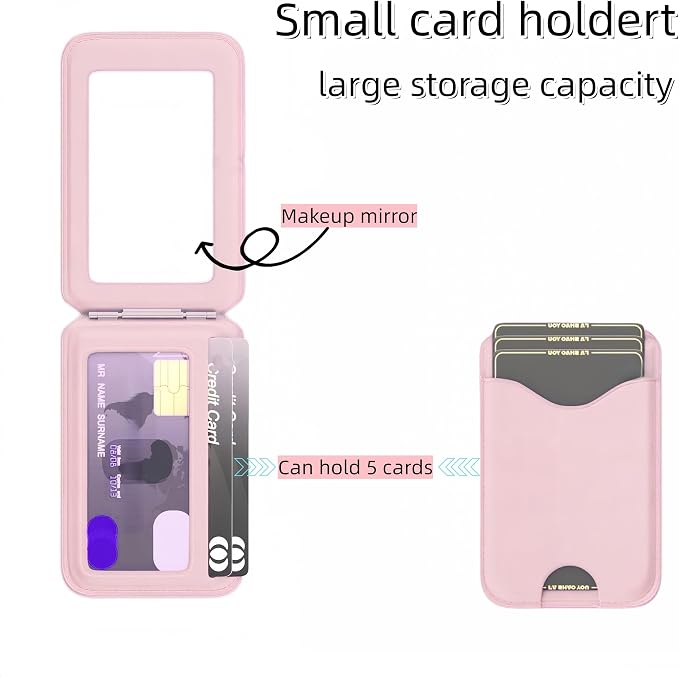 Upgraded for Magsafe Wallet, Strong Magnetic Phone Wallet with Adjustable Stand, Built in Makeup Mirror, 5 Card Holder, RFID Blocking (Pink Fold)