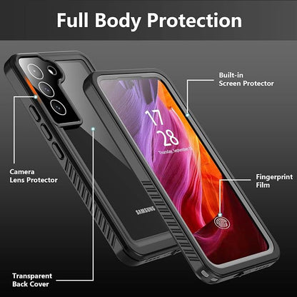 for Samsung Galaxy S22+Plus Case Waterproof,S22+Plus Case with Built-in Screen Protector,Full Body Shockproof Heavy Duty Protective Case for Samsung S22 Plus Black/Clear