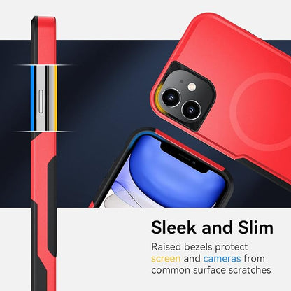 Xmon iPhone 11 Magnetic Case [MIL-Grade Drop Tested & Compatible with MagSafe] Tempered Glass Screen Protector with Camera Lens Protector Phone Case Cover for Apple iPhone 11 (Magnetic Red)