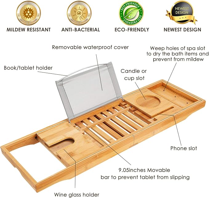 Bathtub Caddy Tray, Bamboo Bath Tray Table Extendable Reading Rack Tablet Phone Holder Wine Glass Holder Shelf Desk Bathroom Spa