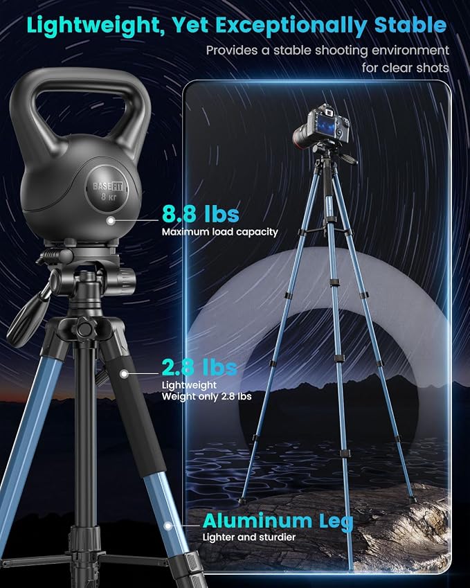 CAMBOFOTO 74"-Camera-Tripod, Navy Blue Professional Aluminum Heavy Duty Tripod Stand for Mirrorless Camera/DSLR/Cell Phone/Camcorder, with Holder and Travel Bag