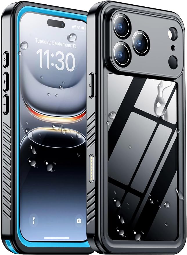Temdan Compatible with iPhone 17 Pro Case,Waterproof Built-in Screen & Camera Protector IP68 Underwater Full Body 17FT Military Dropproof Shockproof Phone Case 6.3"-Blue/Clear