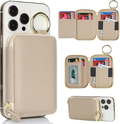 Cavor Compatible with MagSafe Wallet Genuine Leather Cash Wallets for Women, Magnetic Phone Wallet for iPhone 17 Pro Max/16/15/14/13/12, id Credit Card Holder with Mag safe Keychain-Grey
