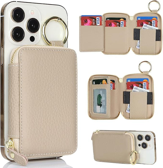 Cavor Compatible with MagSafe Wallet Genuine Leather Cash Wallets for Women, Magnetic Phone Wallet for iPhone 17 Pro Max/16/15/14/13/12, id Credit Card Holder with Mag safe Keychain-Grey