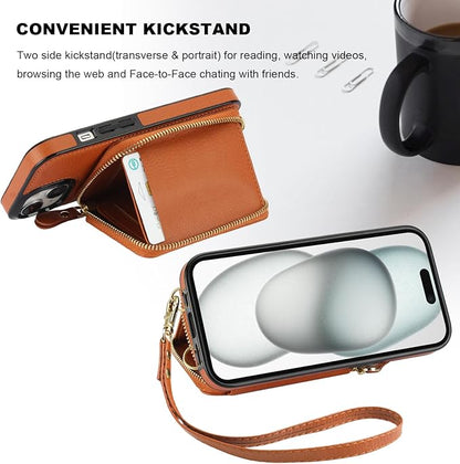 Bocasal RFID Blocking Wallet Case for iPhone 15, Adjustable Crossbody Zipper Purse Case Card Holder with Kickstand Detachable Wrist Strap, PU Leather Flip Folio Case 6.1 Inch 5G (Brown)