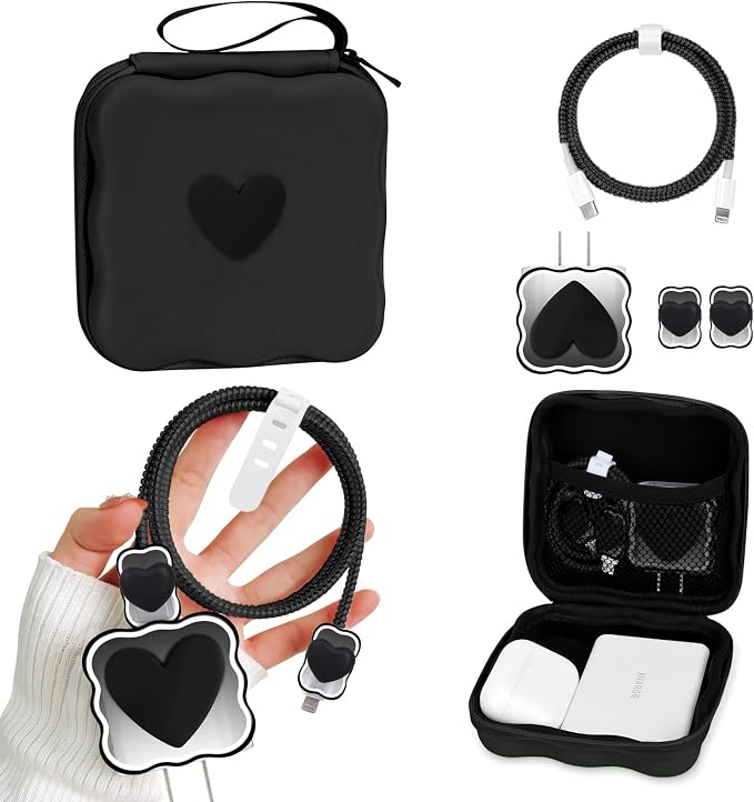 CameCosy DIY Phone Charger Case Storage Sets Cable Protector Earphone Wire Saver with Wave Travel Storage Bag, Cute Cable Charger Protector Cord Organizer for iPhone (Black Love Heart)