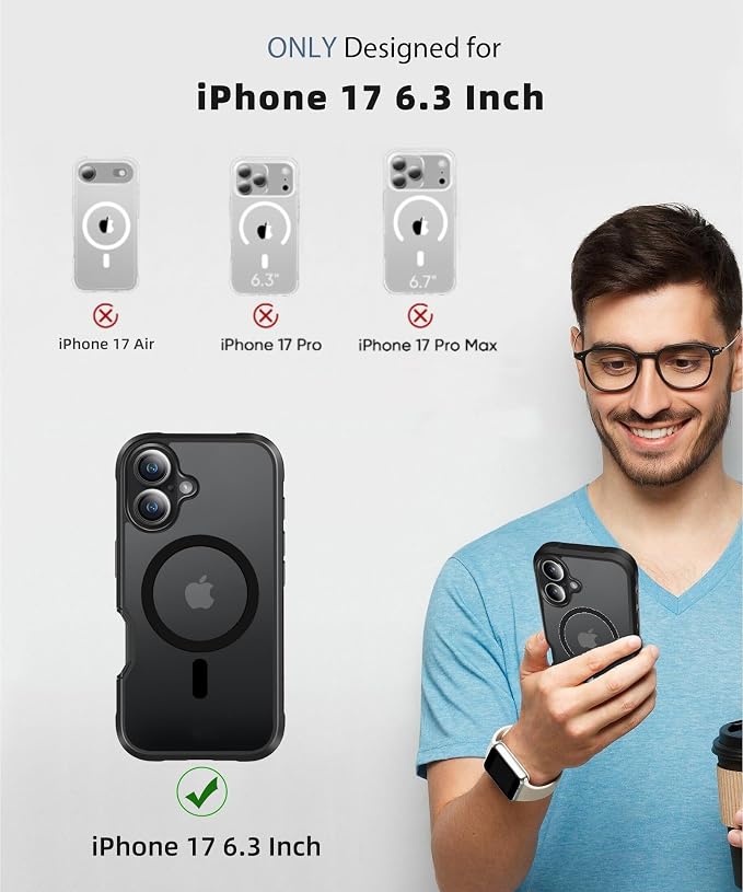 Compatible with iPhone 17 Case Black, Built-in Screen Protector, [Compatible with MagSafe] Full Body Rugged Phone Case, Shockproof Protective Magnetic Cover for iphone17 6.3" (Black)