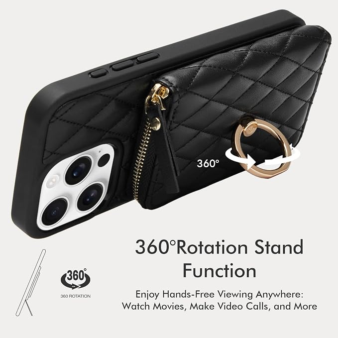 ZVE for iPhone 16 Pro Wallet Case for Women, PU Leather Shockproof Crossbody Phone Case with Card Holder for iPhone 16 Pro 6.3 Inch-Black