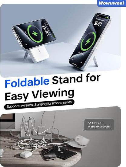 for Magsafe Portable Charger, 10000mAh Wireless Power Bank with Stand, USB C PD 20W Fast Charging Powerbank, Magnetic Battery Pack Compatible for iPhone 17/16/15/14/13/12 Series - White