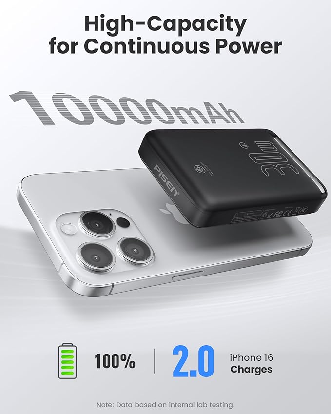PISEN 3C Mag-Safe Power Bank - 10000mAh (5000mAh*2) Qi2 Mag-Safe Portable Charger 30W 3C Certified Qi2 Power Bank with Stand Airplane Safe Magnetic CCC Travel Portable Charger for iPhone 17/16/15/14
