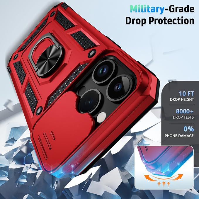 Vinve for iPhone 14 Pro Max Case with Slide Lens Cover HD Screen Protector, Military Grade Drop Protection, Magnetic Rotated Ring Holder Kickstand Protective Phone Case (Red)