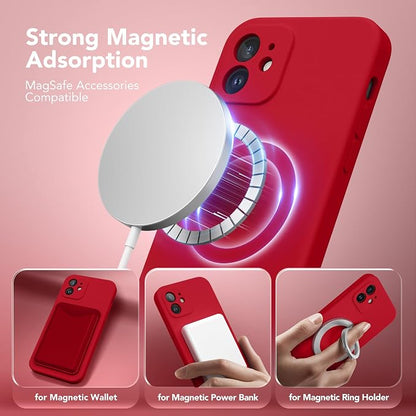 Magnetic for iPhone 12 Case, Compatible with MagSafe, [Full Camera Protection][Screen Protector] Silicone Shockproof Protective Phone Case for iPhone 12 6.1", Red