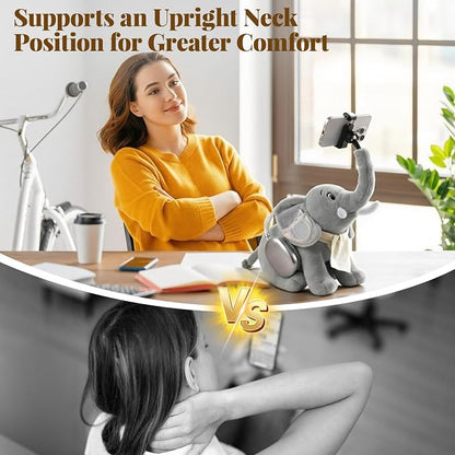 Phone Holder, Phone Mount with 360° Rotating Clip 45° Adjustable Trunk, Elephant Stuffed Animal with Ear Pockets Glasses Cloth Scarf & Back Headphone Fit, Cell Phone Holder for Desk Bed Sofa Car- Gray