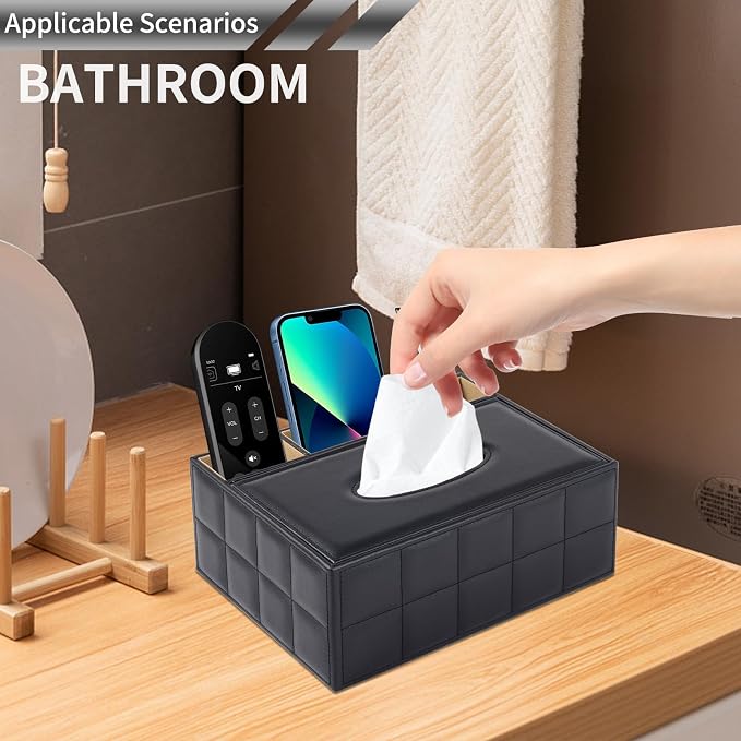 PU Leather Rectangular Tissue Box Cover - Multifunctional Tissue Box Holder with Stationery Remote Control Box, Decorative Tissue Pen Remote Organizer for Home/Office/Restaurant