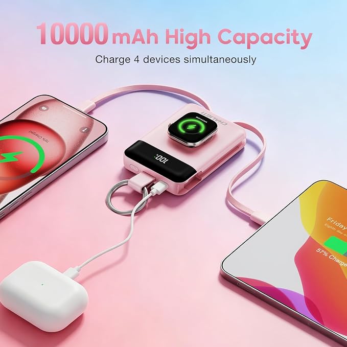 10000mAh Portable Charger,PD 22.5W Super Fast Charging Power Bank with Built-in Cables, Travel Keychain Battery Pack for iPhone 17/16/15/14/13/12,Apple Watch Ultra/11/10/9/8/7/6/SE (Pink)
