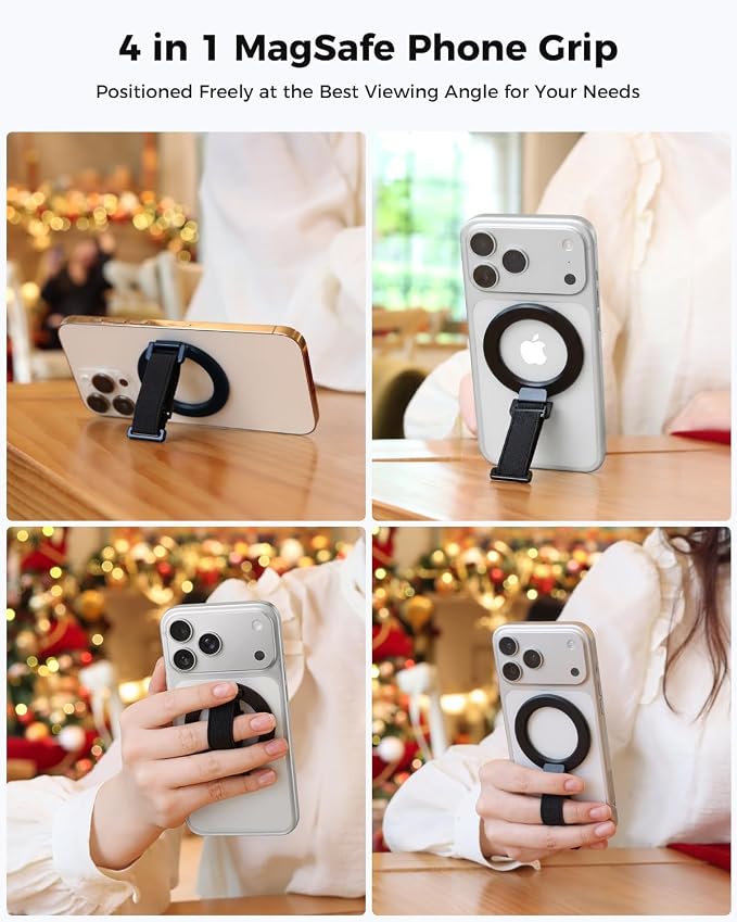SUPERONE 2025 Upgrade for MagSafe Phone Grip with Finger Strap, Removable MagSafe Ring Holder with Kickstand Finger Loop, Mag Safe Accessories for iPhone 17/16/15/14/13/12 Series, Black
