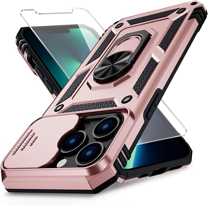 for iPhone 13 Pro Case with Camera Lens Cover, HD Screen Protector, 10 FT Military Grade Drop Protection, Magnetic Ring Holder Kickstand Protective Phone Case for iPhone 13 Pro, Rose Gold