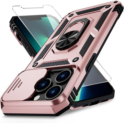 for iPhone 13 Pro Case with Camera Lens Cover, HD Screen Protector, 10 FT Military Grade Drop Protection, Magnetic Ring Holder Kickstand Protective Phone Case for iPhone 13 Pro, Rose Gold