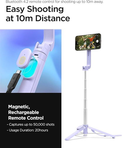 Spigen Selfie Stick Tripod Stand with Bluetooth Remote Control Shutter 24" Extendable Compatible with MagSafe iPhone 17/16/15/14/13/12 Pixelsnap Pixel 10 Series & More - Lavender (S571W)
