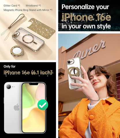 Meifgino Magnetic Case with Removable Phone Ring Stand for iPhone 16E 6.1’’, [Glitter Card & Wrist Strap] [MagSafe Compatible] [Built in Mirror] Phone Ring Stand + Phone Case Kit, Desert Titanium