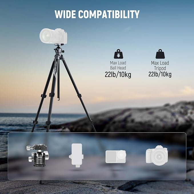 NEEWER LITETRIP LT07 61" Aluminum Travel Camera Tripod, Portable Stand with Ball Head Dual Axis Cell Phone Holder Arca QR Plate Compatible with iPhone for Video Recording, Max Load 22lb