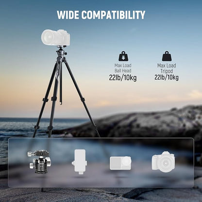 NEEWER LITETRIP LT07 61" Aluminum Travel Camera Tripod, Portable Stand with Ball Head Dual Axis Cell Phone Holder Arca QR Plate Compatible with iPhone for Video Recording, Max Load 22lb