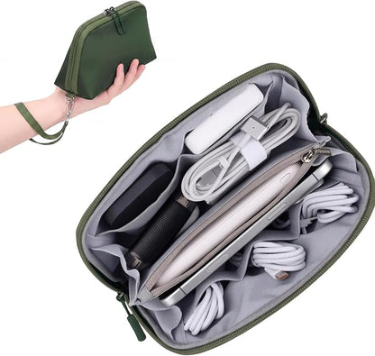 FYY Travel Cable Organizer - 8 Compartments, Lightweight, Water Repellent | With Wrist Strap, Portable Tech Pouch for Cord Charger, Travel and Business Trips Use, Soft Shell Nylon, Green (Small)