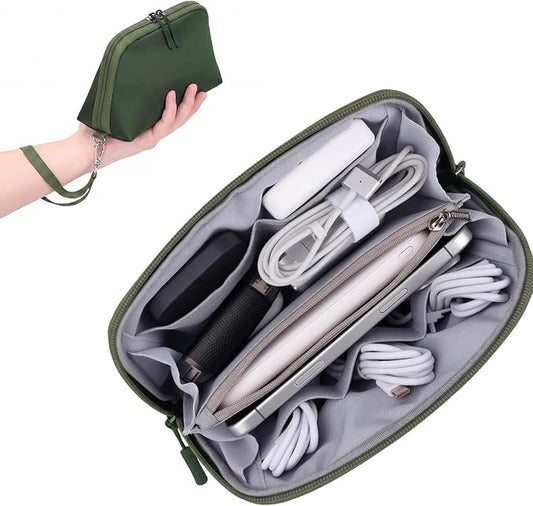 FYY Travel Cable Organizer - 8 Compartments, Lightweight, Water Repellent | With Wrist Strap, Portable Tech Pouch for Cord Charger, Travel and Business Trips Use, Soft Shell Nylon, Green (Small)